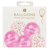 5 Pink Happy Birthday & Confetti Balloons | With Paper String | 30cm Latex